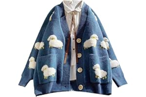 Oyrcvweuy Women Long Sleeve Knit Cardigan Cartoon Sheep Pattern Button Down Sweater Coat Harajuku Oversized Jacket with Pockets women jackets fashion long