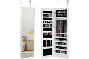 COSTWAY Szafka na biżuterię z oświetleniem LED, wiszący regał na biżuterię, szafka z lustrem z lustrem, zamykana na klucze, przechowywanie biżuterii i kosmetyków, wysokość 120 cm (biała)