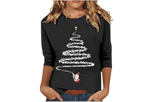 AMDOLE Christmas Jumpers for Women UK Plus Size Glitter Xmas Tree Print 3/4 Sleeve Tops Cotton Crewneck Pullover Blouse Dressy Casual Tunic Tops T Shirt Ladies Christmas Xmas Sweatshirts