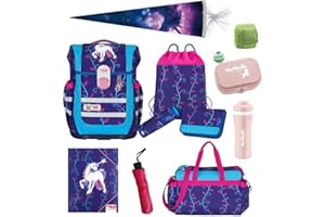 FAMILANDO McNeill Schulranzen Mädchen 1. Klasse 12-tlg. Set Ergo Complete LILLY Einhorn mit Sporttasche Unicorn Schultüte 85cm und Regenschutz | Komplett-Set für die Einschulung