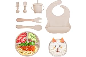 FAUXPONT Coffret Repas Bebe, Lot de 8 pièces, Vaisselle pour Bébé Set Silicone avec Ventouse Assiette Bol Fourche Cuillère Bavoir et Tasse, Sans BPA, Passe au Lave Vaisselle Micro Onde (Couleur Crème)