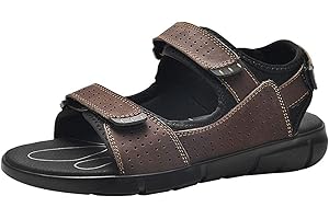 ANUFER Men's Open Toe Genuine Leather/Fabric Sports Sandals Adjustable Hook&Loop Strappy Beach Shoes