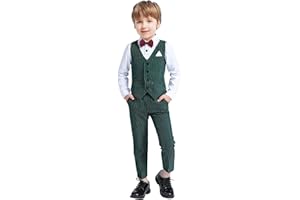 Angelwilla Boy Formal Outfit Set, Boys Slim Fit Tuxedo Suit Formal with Kid Dress Shirt, Vest Pant Set and Red Bow Tie