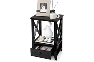 KOMFOTTEU Stolik nocny z szufladą, 2 poziomy, stolik pomocniczy drewniany, komoda nocna z otwartym regałem, szafka nocna, stolik kawowy do sypialni, salonu, biura (40 cm x 30 cm x 61 cm, biały, 1)