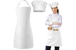 CHRI Kochmütze Schürze Set weiß Küchenschürze Verstellbare Kochschürze mit Taschen für Männer Frauen Küche Kochen Backen BBQ