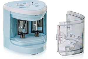 ‎PEACH Peach elektrischer universal Anspitzer blau - inkl. Ersatzteile - für alle Bleistifte, Buntstifte, Eyeliner und Wachsmalstifte - Doppelspitzer für Stifte von 6-8 mm und 9-12 mm - PO102