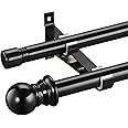 Harrms Double Curtain Pole, Curtain Poles for Eyelet Curtains, Black Curtain Pole 76-222cm, Extendable Metal Curtain Rod Room Darkening Curtain Pole for Blackout Voile Curtains