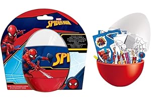 MARTA DA LEGARE Spiderman Uovo Sorpresa per Bambini,Uovo Idea Regalo con 10 Disegni da Colorare,3 Colori, 3 Pennarelli,2 Fogli Adesivi,Gomma, Temperamatite,Matita,Timbrino,20x20x10 cm.,Idea Regalo