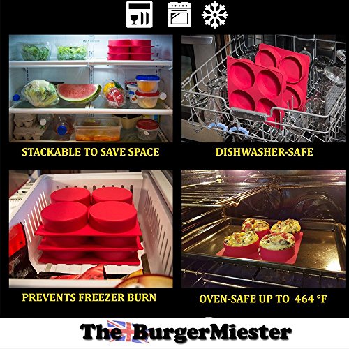 homequip 4 Hohlraum-Burgerpresse – Gesunde Homemade Hamburger & Gourmet Patties für BBQ Grill mit der burgermiester | Ofen backen Quiche, Pies & mehr | leicht zu Store Premium Lebensmittelechtes Antihaft Silikon Tablett - 5