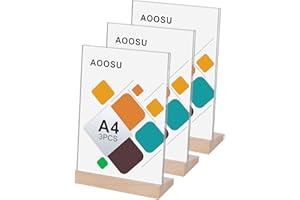 AOOSU Acryl Display Ständer, 3 Stück Tischaufsteller A4 mit Holzfuß, L-Ständer Aufsteller Doppelseitiger Vertikaler Tischaufsteller Menükartenhalter für Restaurants, Cafés, Büros, Fotos