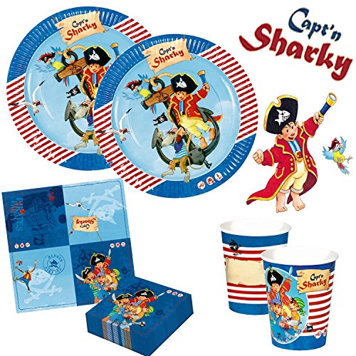 37-teiliges Partyset * CAPT'N SHARKY * mit Teller + Becher + Servietten + Deko // Piraten Kindergeburtstag Kinder Geburtstag Party Mottoparty Luftballons Deko Pirates Kaptiän Kaptn Captn