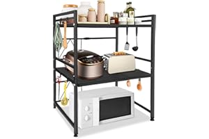 ‎YRHOME YRHome Erweiterbares Mikrowellen Regal 3-stufiges Mikrowellenständer Mikrowellenhalter Schwarz mit 8 Haken zum Aufhängen Organizer Bäckerregale Mikrowellenregalständer Küchenarbeitsplatten für Küche