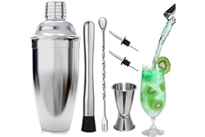 TWBEST Cocktail Shaker, Cocktail Set Bar Zubehör, Edelstahl Cocktailshaker Barkeeper Set Geschenk mit Buch, 750ml Groß Cocktail Mixer für Zuhause oder die Bar, 6 Teiliges