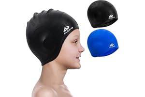 Alepo 2 Pack Badekappe Kinder Mädchen Jungen, Bademütze Langlebige Silikon Badekappe mit 3D-Ohrenschutz für Kleinkinder, schwimmkappe Lange Haare im Alter von 3–15 Jahren, Nasenclip