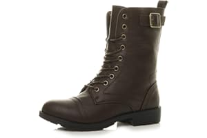 AJVANI Womens ladies mid block heel lace up zip combat military ankle boots size