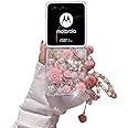 Compatible with Moto Razr 40 Ultra,Moto Razr Plus 2023 Case, Luxury Crystal Rhinestone Flowers Glitter Diamond Pearl Cover Case with Flower Strap for Moto Razr Plus for Women