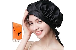 BODIIWULIU Bonnet De Sommeil En Soie, Double Bonnet En Soie Pour Cheveux Bouclés, Soin Des Cheveux, Respirant Et Ajustable, Élastique De Fixation-Pour femme(Noir)