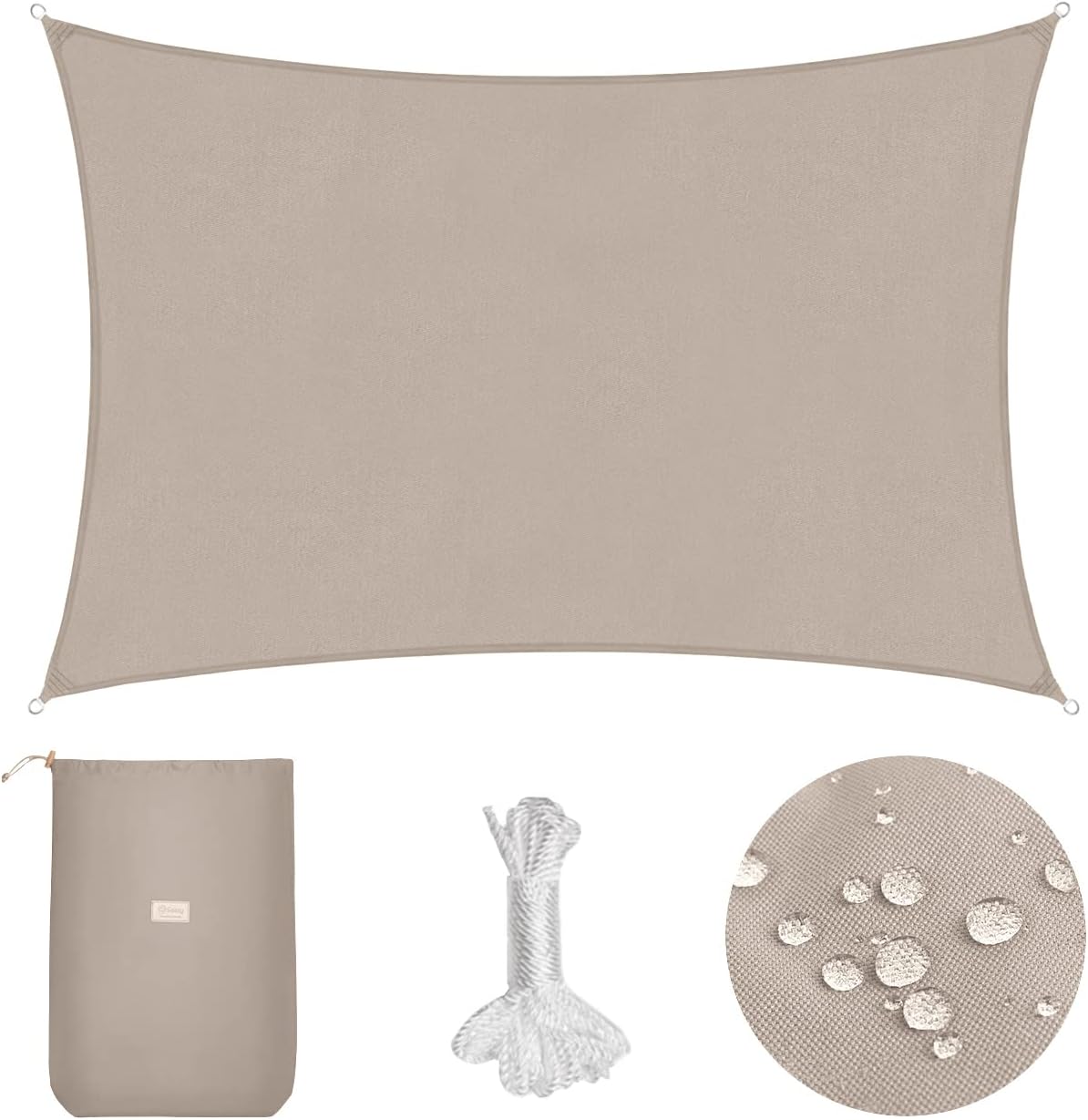 Sekey Toldo Vela de Sombra Impermeable 2x3m Rectangular Protección Rayos UV, Resistente al Desgarro, para Terraza Balcon Patio Exteriores Jardín, con Ojales y Cuerdas de Fijación, Gris Pardo