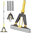 Sponge Mop, Self Wringing Sponge Mop Super Mop with Long Handle and 3 PVA Sponge Heads, Hands Free Floor Cleaning Mop Squeeze Mop for Laminate, Tile, Hardwood Floor - Yellow