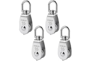 BuxiuGK 4 Piezas M15 bloque de polea simple de Acero Inoxidable Single-Sheaved Bloque Cuerda Polea Bloquear Tracción Rueda Juego 35Kg - Plata
