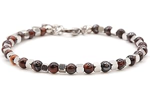 OMI CREATIVE CONCEPT Bracciale Uomo Acciaio - Bracciale Donna Acciaio - Unisex, Sfere Colorate 4 mm, Lunghezza 18+3 cm Con Pietre Nero Turchese Bosco Occhio di Tigre Smeraldo Omi x gavu