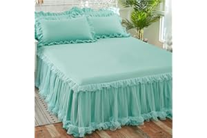 KJHG Bettvolant Bettrock Tagesdecke Ruffle Bettüberwurf Spitze Rüschen Bett Rock 3PCS Sets Bettwäsche Prinzessinnen-Stil,Green-180X220CM