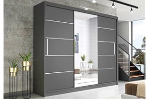 RAC3 Race to Road Stylish Bedroom Sliding Wardrobe with LED Light - Ample Storage Space and Sleek Design comes in White/Grey/Black/Oak and Width 150cm/180cm/203cm/250cm (Grey, 250cm)