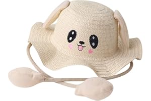 haozaikeji Kids Straw Sun Hat Girls Breathable Wide Brim Summer Bucket Hat with Jumping Rabbit Ear Sun Protection Beach Hat for Travel & Outdoor Activities