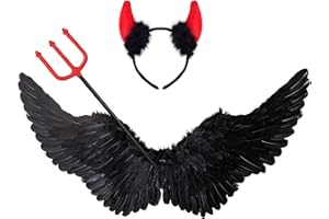 WINWILD 75CM Schwarz Engelsflügel mit Teufelshörner & Zauberstab Set,Teufel Kostüm Damen Engel Kostüm Accessoires Engel Teufels Flügel Erwachsene für Halloween Karneval Cosplay Party Fasching Verkleidung