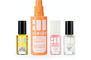 BELWEDER - Kit Soin Des Ongles : Routine Manucure Express Chez Soi - 7,5 ml de Gel Exfoliant Express + 7,5 ml d'Huile Nourrissante + 7,5 ml de Vernis Soin Vitaminé + 60 ml de Dissolvant Doux
