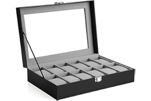 SONGMICS Watch Box with 12 Slots, Watch Case with Glass Lid, Watch Display Box with Removable Watch Pillows, Metal Clasp, Gift Idea, Black Synthetic Leather, Greenish Grey Lining JWB12BK
