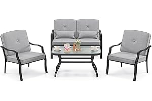 COSTWAY 4-częściowy zestaw mebli ogrodowych, meble tarasowe z poduszką do siedzenia, oparcia i talii, zestaw wypoczynkowy dla 4 osób, zestaw mebli ogrodowych z 2 krzesłami, ławką i stołem, do ogrodu,