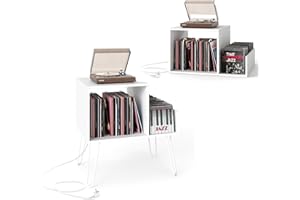 KOMFOTTEU Meuble Platine Vinyle avec Station de Charge, pour jusqu'à 145 Albums, Support de Tourne-Disque, Séparateurs et Étagère latérale, Étagère de présentation (Blanc)