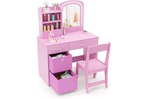 Maxmass Kids Vanity Table and Chair Set, Children Dressing Tables with 2-Color LED Lighted Mirror, Drawers, Storage Shelves, Removable Bins, Girls Make up Desk Princess Pretend Dresser Table (Pink)
