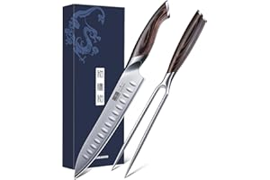HOSHANHO 20cm Schinkenmesser & 18cm Gabel Set, professionelles Japanisches Messerset aus Hochkarbonhaltigem Stahl mit Rasiermesserscharfer Klinge zum Schneiden von Fleisch und BBQ
