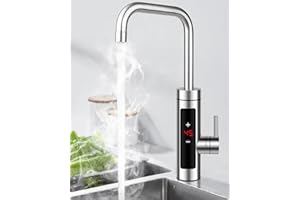 YERFKAN Instant Hot Water Tap, 360° Rotatable Instant Water Heater Tap with Digital Display, 220V 3000W Stainless Steel Electric Water Heater Faucet for Kitchen Bathroom Washroom (Silber)