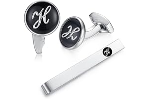 HONEY BEAR Initiale Lettre Alphabet Boutons de Manchette & Pinces à Cravate Set - Cuivre pour Le Cadeau D'affaires de Mariage de Chemise D'hommes,Argent avec Noir