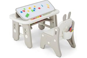 RELAX4LIFE 2 in 1 Set Tavolo e Sedia per Bambini con Lavagna Doppia Faccia Magnetica e Cancellabile, Altezza Regolabile, Cestello Portaoggetti, Tavolino per Bambini 1-12 Anni (Grigio)