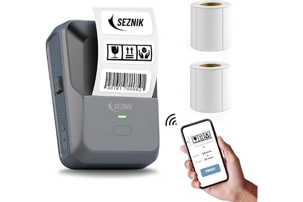 SEZNIK Josh Bluetooth Thermal Label Printer Inkless Mini Rechargeable MRP, Barcode, Excel File Printing Cloud, Mobile, Desktop Jewellery, Round Labels Up to 2-inch Print 1 Year Warranty