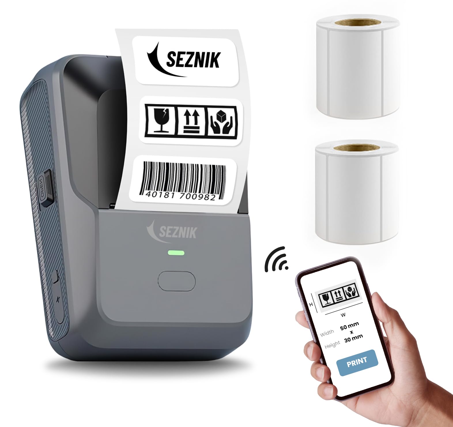 SEZNIK Josh Bluetooth Thermal Label Printer for Business | Inkless Mini | Batch, Cloud Printing | Jewellery, Round, Rectangle Label | Mobile, Desktop Compatible | Upto 2 inch Print | 1 Year Warranty