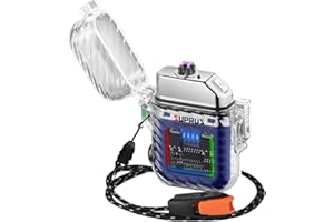 SUPRUS Mechero eléctrico de 3 modos, linterna a prueba de viento, impermeable, doble arco de plasma recargable, con silbato de emergencia de supervivencia y cordón