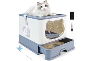 HelloMiao W pełni zamknięta toaleta dla kotów z pokrywą szufladą typu deodoryzująca kota śmiecionka Duża składana toaleta dla kotów z plastikową łopatą (Szary biały)