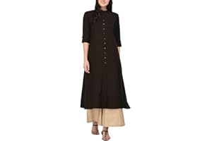 Ladyline Damen Pure Cotton Plain Tunika Top Front Slit 3/4 Ärmel Roll-up Chinesische Hals Knöpfe Unten Tasche Lange Kurti Kurta
