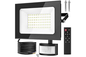 papasbox Reflektor LED 50W z czujnikiem ruchu na zewnątrz z czujnikiem światła | zewnętrzny reflektor z pilotem zdalnego sterowania | 6500K zimna biel IP66 wodoodporny reflektor do ogrodu, garażu