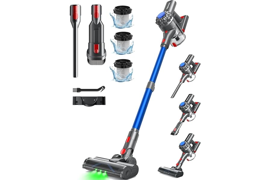 Ivormentico Wireless Vacuum Cleaner, 50Mins/450W/40KPA Wireless Electric Broom, Green LED Vacuum Cleaner, Vertical Vacuum Cleaner with Removable Battery for Carpets/Animal Hair, Blue