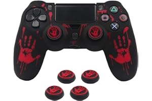RALAN Laser Blood Handprint Design Controller Skin mit 4 Daumen Griffe für PS4, Anti-Rutsch-Silikon-Controller-Abdeckung Schutzhülle kompatibel für PS4 Wireless/Wired Gamepad Joystick