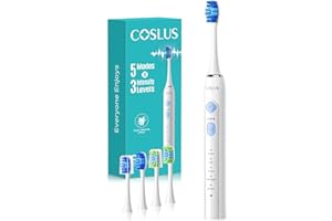 COSLUS Cepillo de Dientes Eléctrico Sónico: 5 Modos con 3 Niveles de Intensidad - Diseñado para Dientes Sensibles - Adecuado para uso Doméstico o de Viaje - Dos Tipos de Cabezales de Cepillo - Blanco