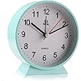 Small Bedside Analogue Alarm Clock with Night Light for Office Bedroom School Travel Heavy Sleeper Super Silent Non Ticking Simply Round Metal Desk Clocks Battery Powered for Elderly Adults Child Gift