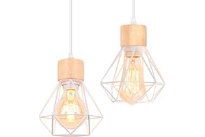 TOKIUS 2 Piezas Lámparas Colgantes Vintage 16CM Retro Lámpara de Techo Diseño de Jaula Blanco Luz Colgante en Hierro Madera E27 Iluminación de Techo para Pasillo Comedor Dormitorio (Colgante 1 Luz)