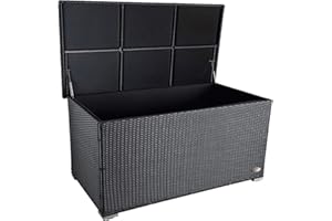 RS Trade® exclusive 'Venezia' 950 L Polyrattan Garten Kissenbox wetterfest wasserdicht 146 x 83 x 80 cm, Auflagenbox mit verstärktem Deckel und Gasdruckfedern, auch als Tischplatte geeignet, Schwarz